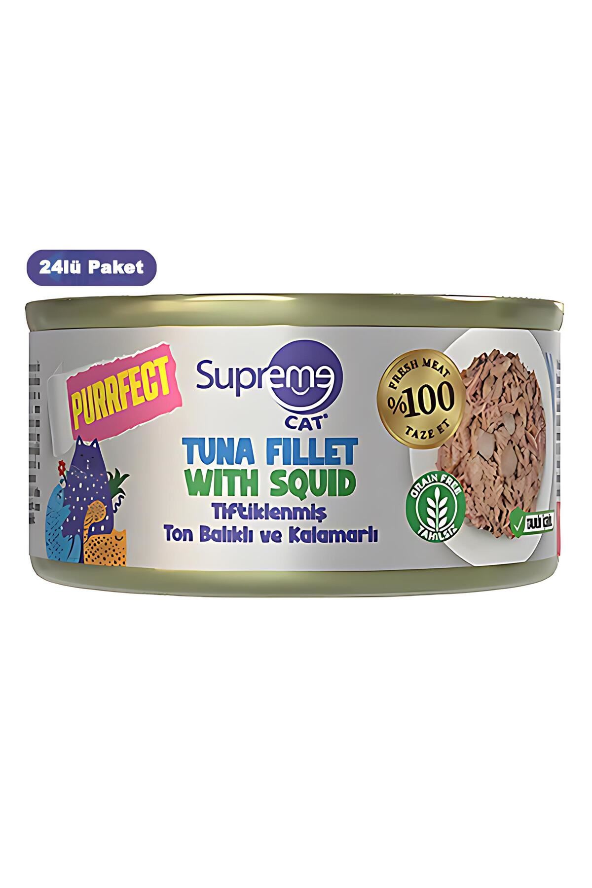 Supreme Tiftiklenmiş Ton Balıklı ve Kalamarlı Yetişkin Konserve Kedi Maması 70gr 24lü