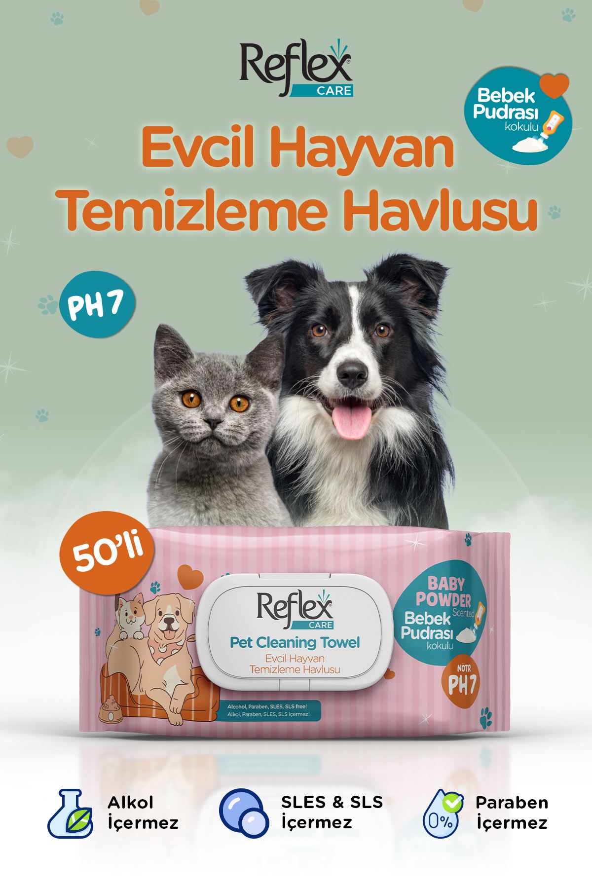 Reflex Care Evcil Hayvanlar için Çok Amaçlı Temizleme Havlusu 50'li - Bebek Pudrası Kokulu