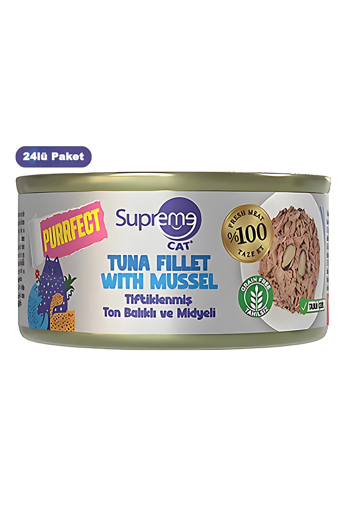 Supreme Tiftiklenmiş Ton Balıklı ve Midyeli Yetişkin Konserve Kedi Maması 70gr 24lü