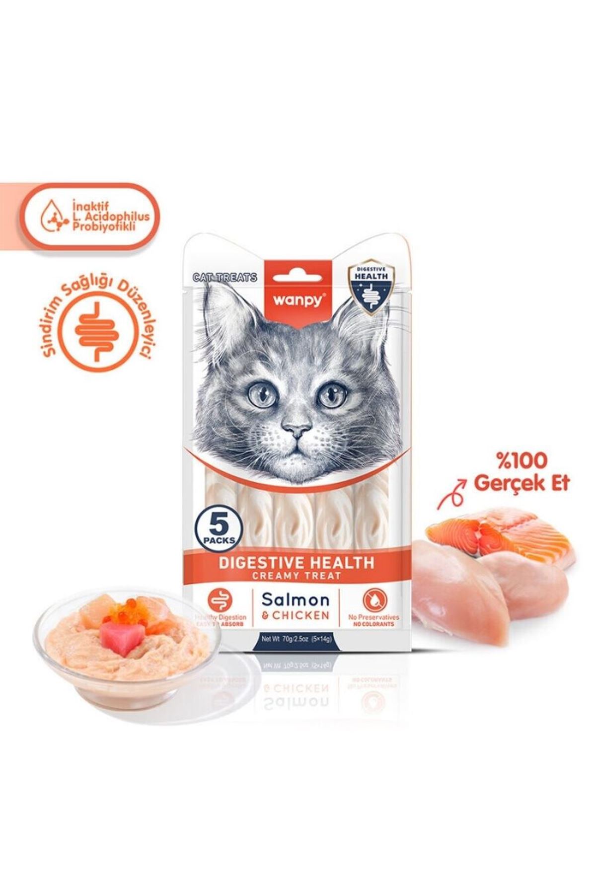 Wanpy Kedi Krema Somon,Tavuk Sindirim Dest. 5*14G