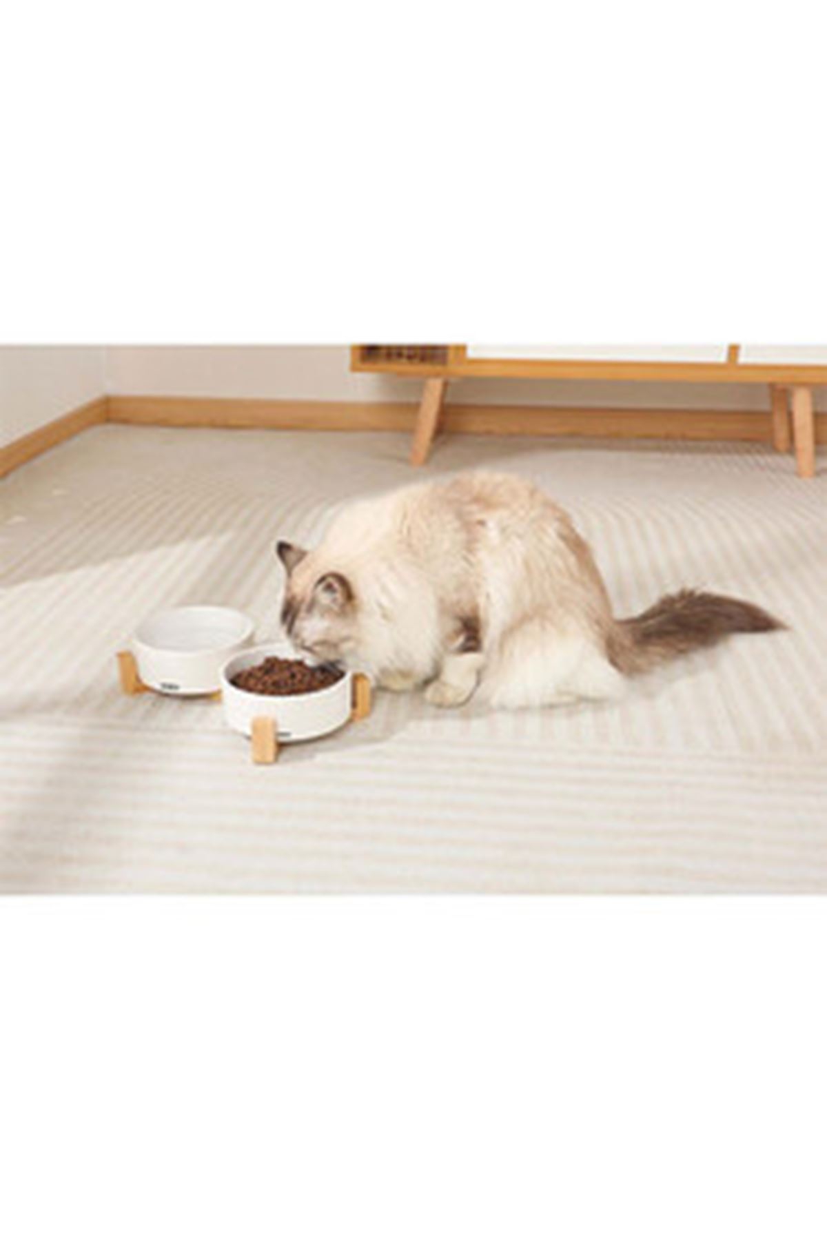 M-Pets Mama ve Su Kabı Bambu Standlı Seramik Beyaz
