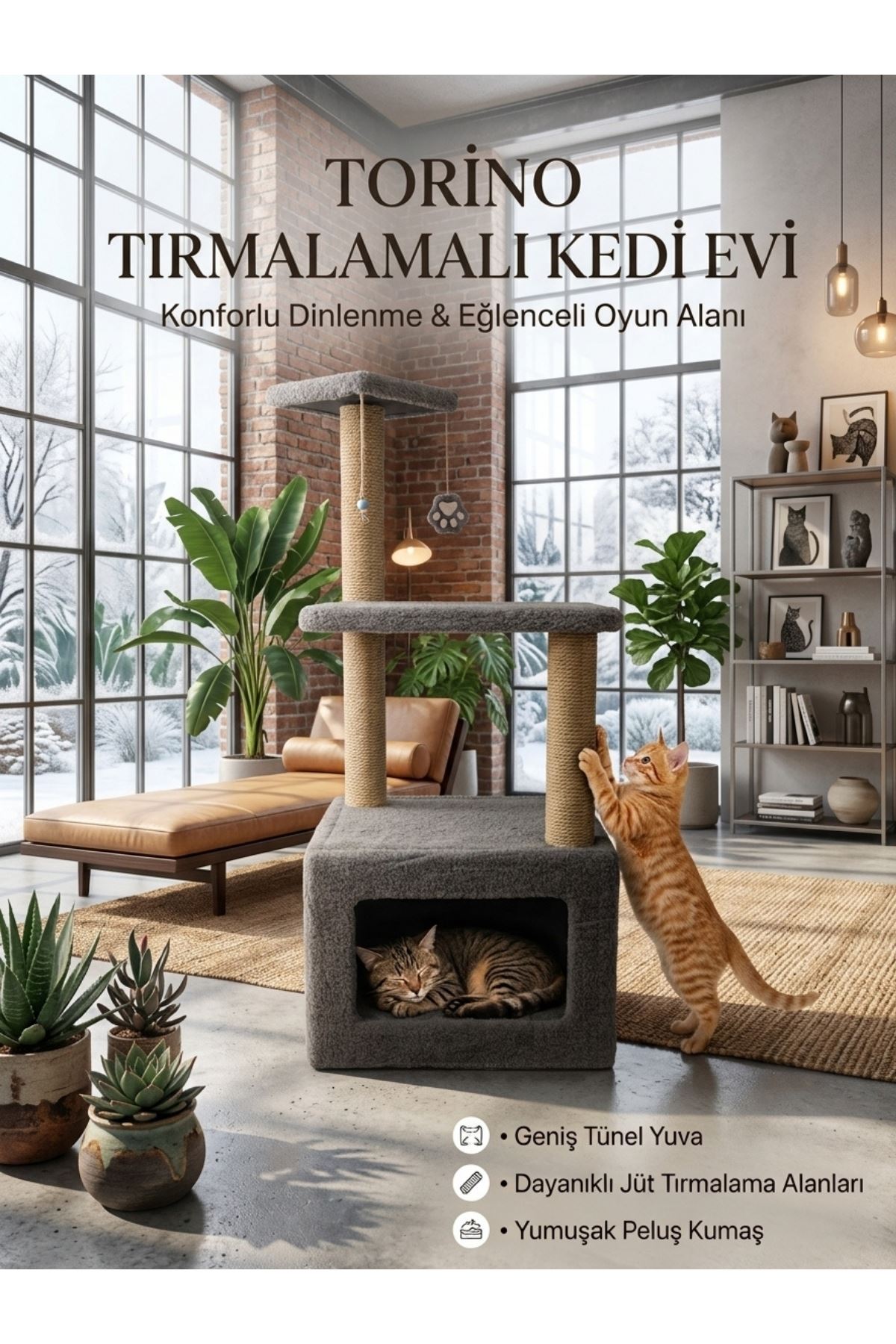 Torino Tırmalamalı Kedi Evi - İthal Jüt Halatlı Tırmalama Kulesi Gri 