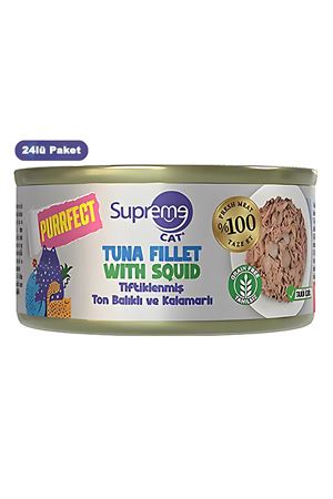 Supreme Tiftiklenmiş Ton Balıklı ve Kalamarlı Yetişkin Konserve Kedi Maması 70gr 24lü